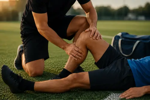 Sports therapist providing injury rehabilitation treatment to an athlete on a training pitch