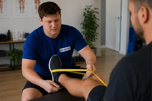 Sports therapist guiding a rehabilitation exercise using resistance bands during a treatment session