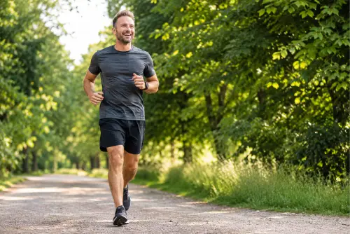 Active adult enjoying pain-free running after successful rehabilitation treatment