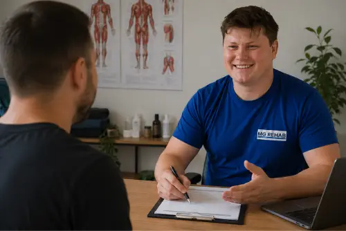 Sports therapist discussing a personalised treatment plan with a patient during a consultation