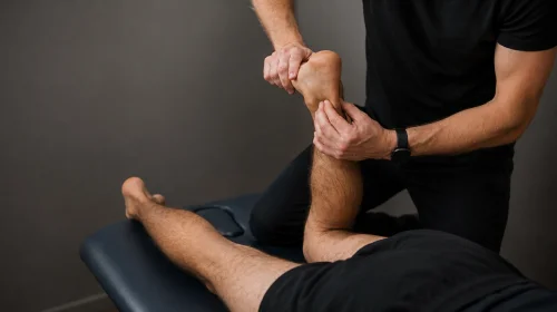 Sports therapist assessing an Achilles tendon injury in Richmond as part of a personalised running rehabilitation programme