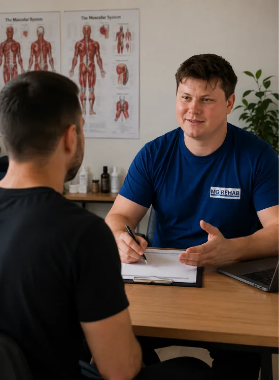 Sports therapist discussing treatment options and injury rehabilitation with a client in Richmond