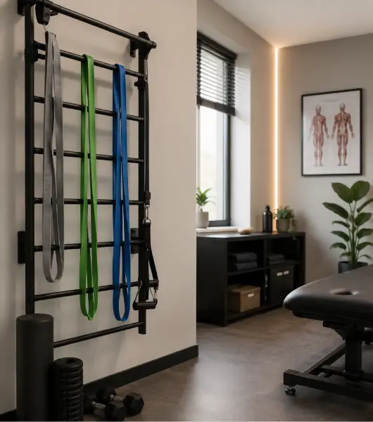 Sports rehabilitation clinic with resistance bands and treatment equipment at MG Rehab in Richmond